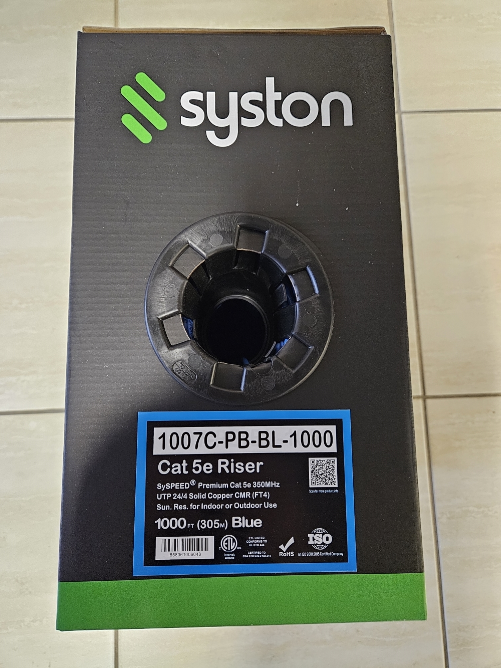 photo of SYSTON Blue Cat5e CMR Rated 1000' Box